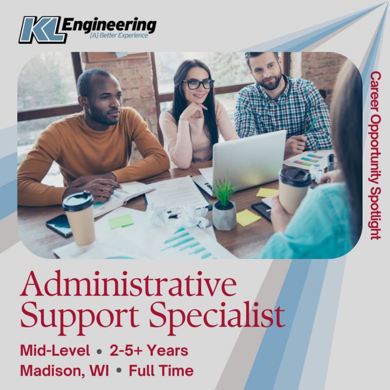 Graphic of 4 people in a meeting, KL logo, position title and key details in post on gray background with blue and gray spotlight streaks.