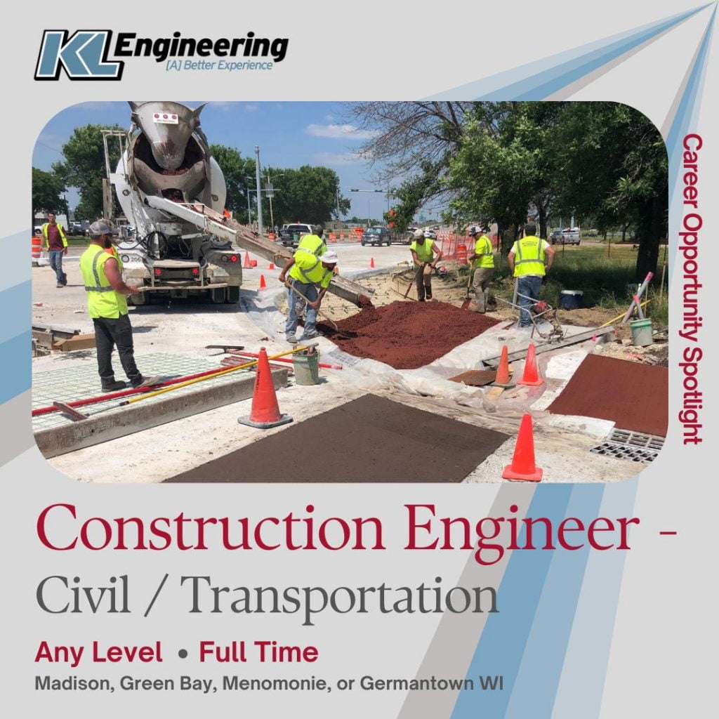 Photo of a construction crew and cement truck laying a burgundy sidewalk, KL logo, position title and key details in post on gray background with blue and gray spotlight streaks.