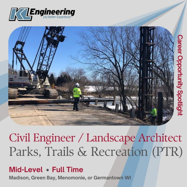 Photo of a person monitoring the placement of a boardwalk bridge being installed with a huge crane, KL logo, position title and key details in post on gray background with blue and gray spotlight streaks.