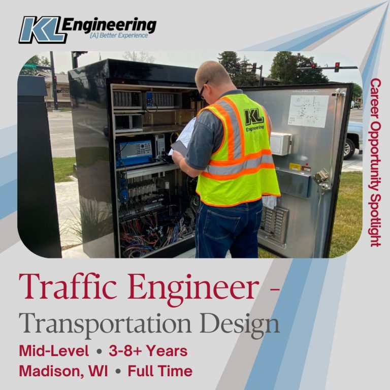 Photo of a traffic engineer making adjustments in the traffic signal electrical box near an intersection, KL logo, position title and key details in post on gray background with blue and gray spotlight streaks.