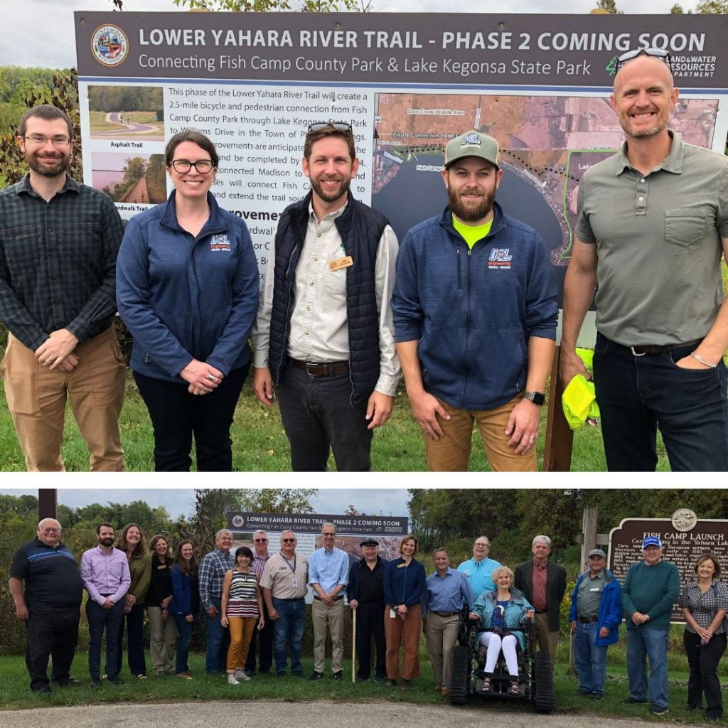 Top photo of KL staff mentioned in post with Alex DeSmidt from Dane County Parks in the center. Bottom photo of the key players who attended the ceremony. Both photos taken in front of the Lower Yahara River Trail Phase 2 Coming Soon sign that explains the project.