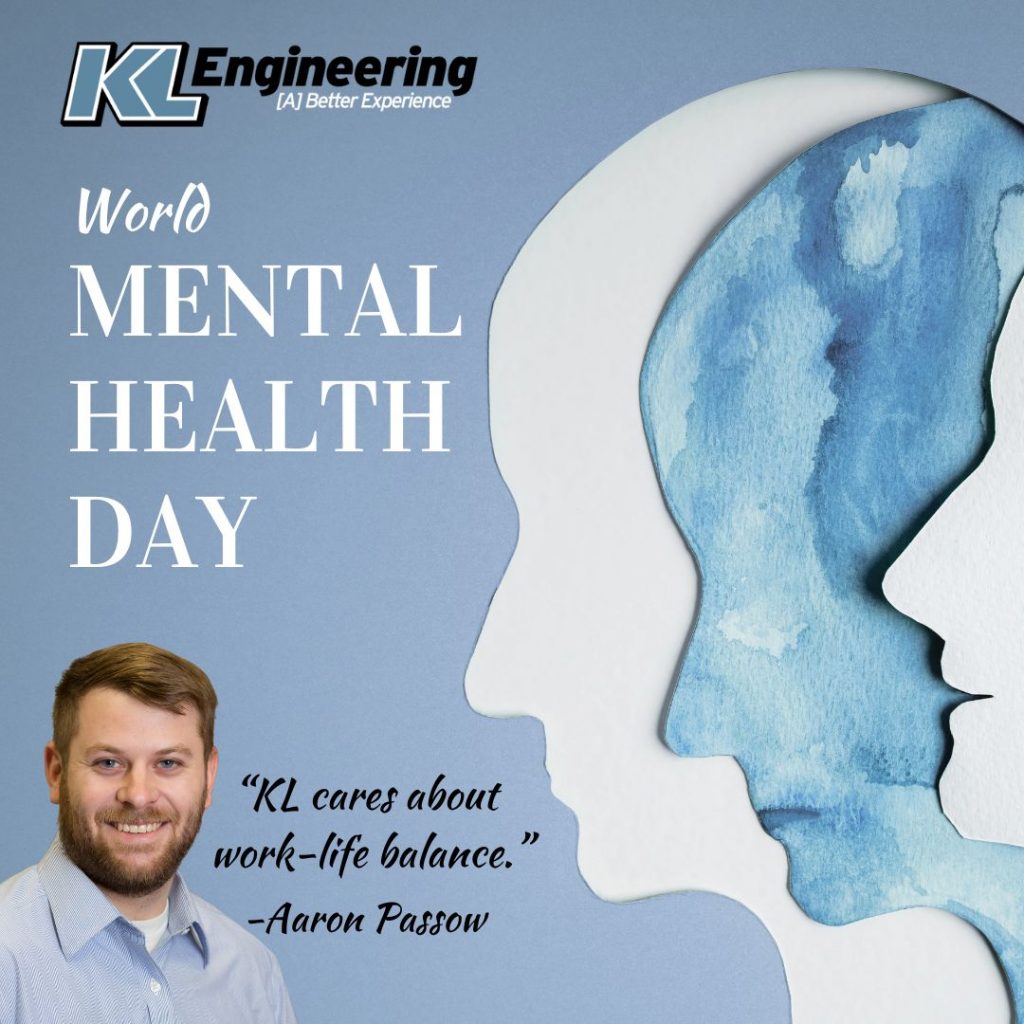Blue background with 3 silhouettes, a headshot of Aaron Passow with part of his quote, World Mental Health Day title and KL logo.