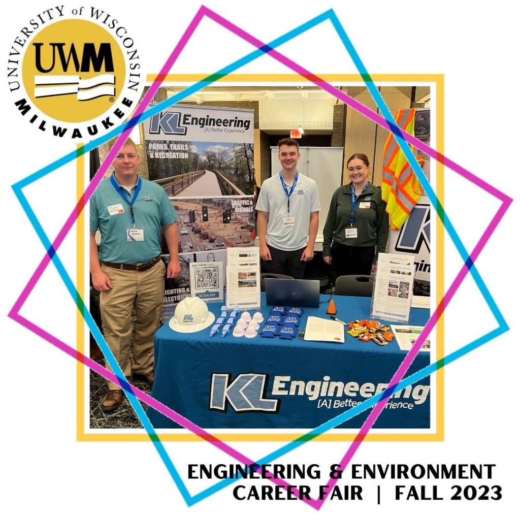 UW-Milwaukee logo and moving frame of colors with photo of KL staff at our career fair booth.
