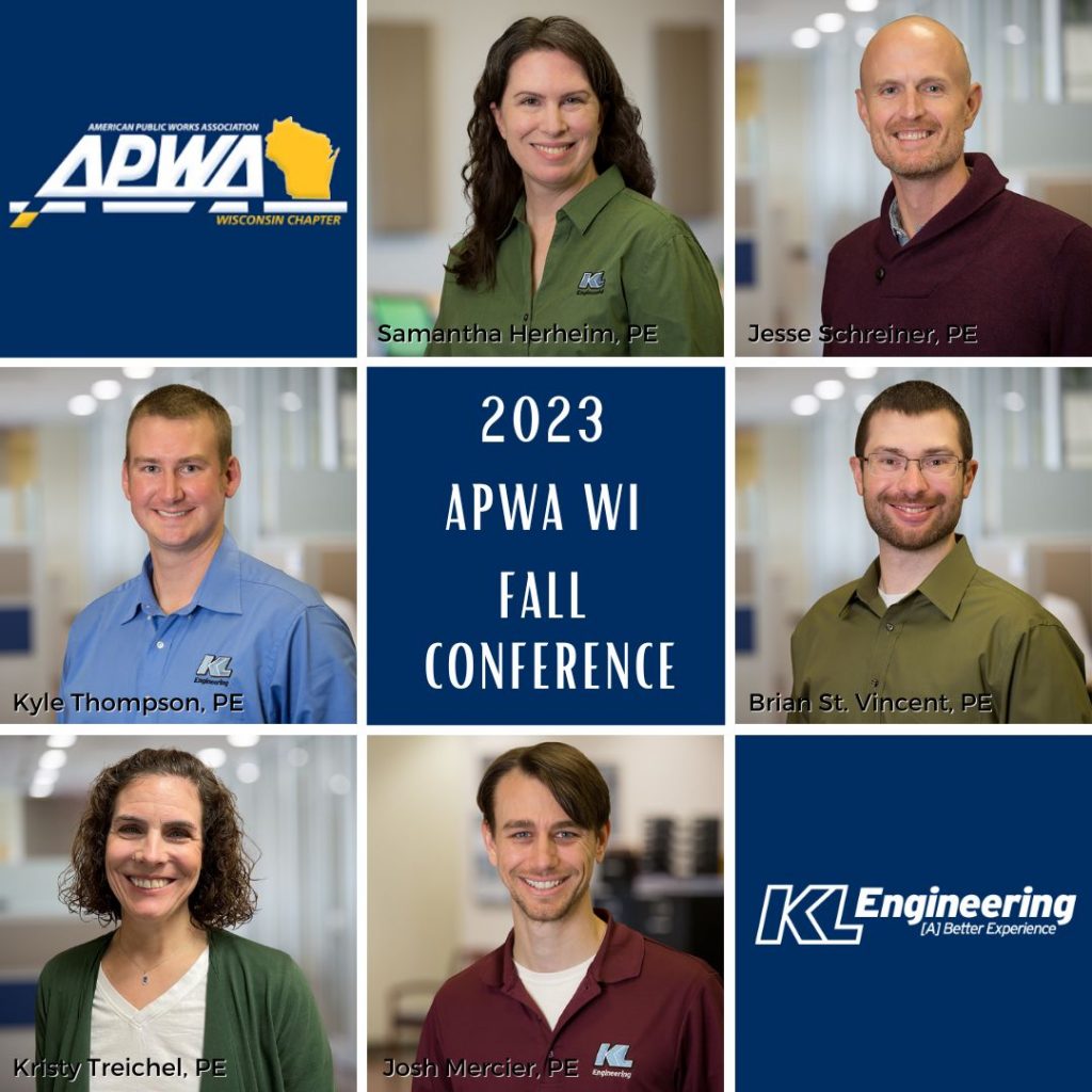 Graphic with headshots of attendees mentioned in the post in a 9-square grid with APWA WI and KL Engineering logos and conference title.