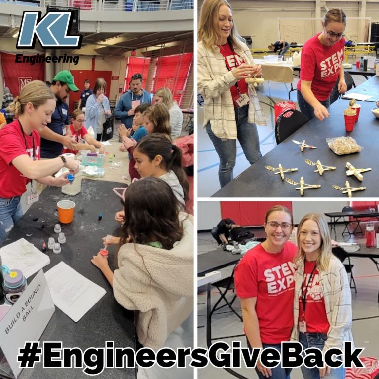 Photos from the event with Natalie setting up, working with kids, and posing with another volunteer. #EngineersGiveBack and KL logo overlaid.