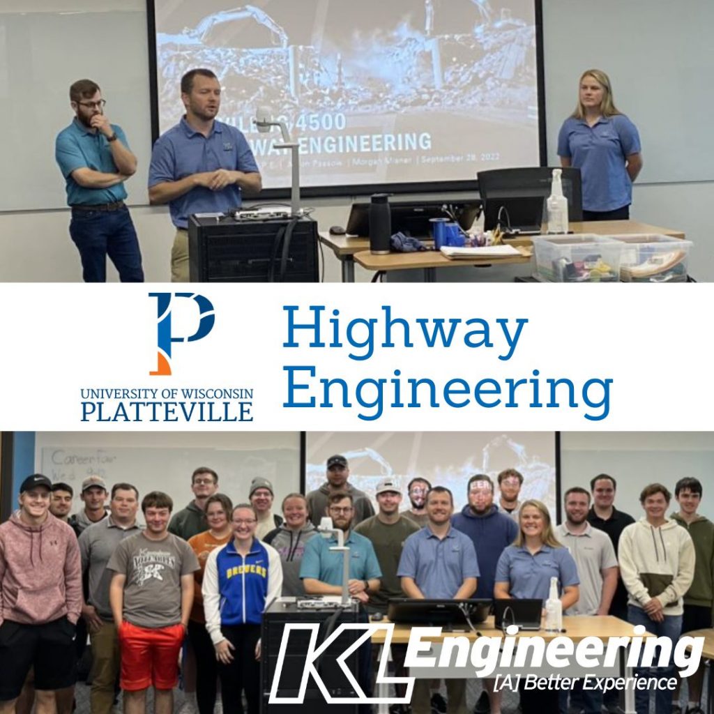 Photo of the 3 presenters on top and a group photo of the entire class on the bottom with a white strip in between bearing the UW-Platteville logo and ‘Highway Engineering’ text, and the KL logo in white in the bottom right corner.