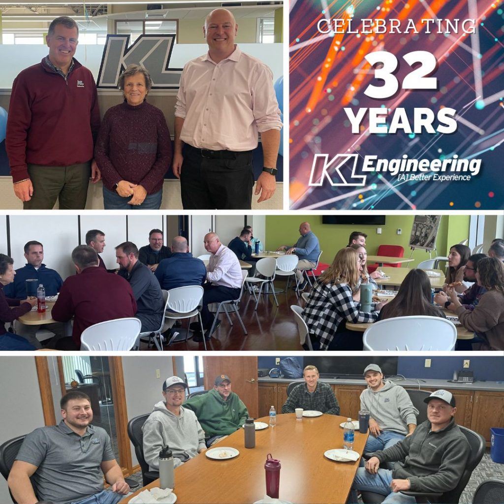 Photo collage of our 3 leaders, Scott, Kim, and Ryan, then photos from our pizza parties at our different offices with decorative 32 Years of KL in the corner in white letters.