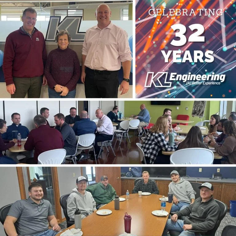 Photo collage of our 3 leaders, Scott, Kim, and Ryan, then photos from our pizza parties at our different offices with decorative 32 Years of KL in the corner in white letters.