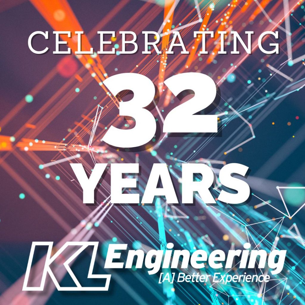 Energetic futuristic background with 'Celebrating 32 Years' and KL Engineering logo in white letters.