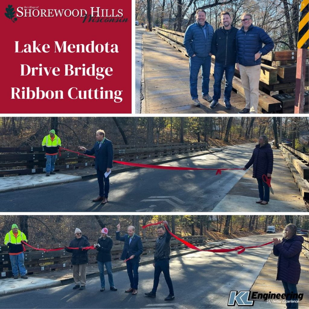 Photos from ribbon cutting showing the ribbon before and after the cut and the 3 KL staff mentioned in the post posed on the new bridge.
