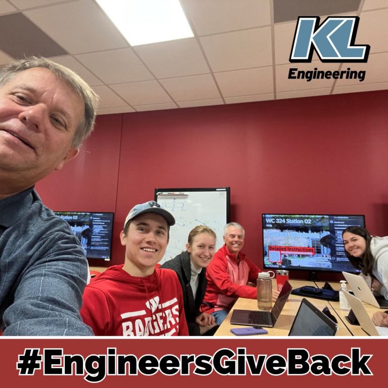 Selfie of Bill and his mentoring group in the classroom. KL logo and #EngineersGiveBack overlaid.