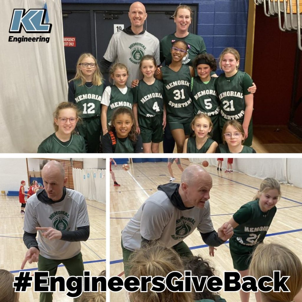 3 photo graphic of the team posed on top and two photos of Coach Schreiner in action talking to the team, with KL logo and #EngineersGiveBack overlaid.