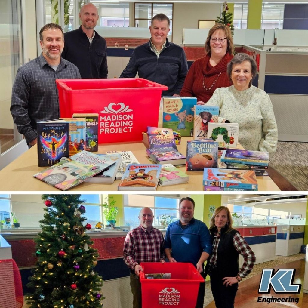 Photos of KL staff surround a table covered with books and near a Christmas tree with the Madison Reading Project donation box and KL logo overlaid.