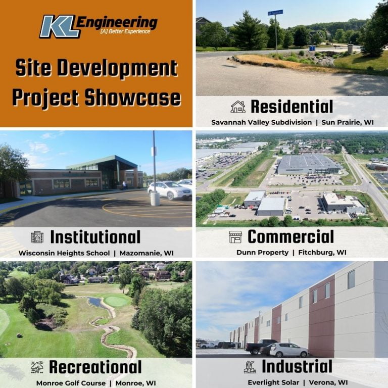 Graphic with photos from site development projects completed by KL in residential, institutional, commercial, recreational, and industrial categories.