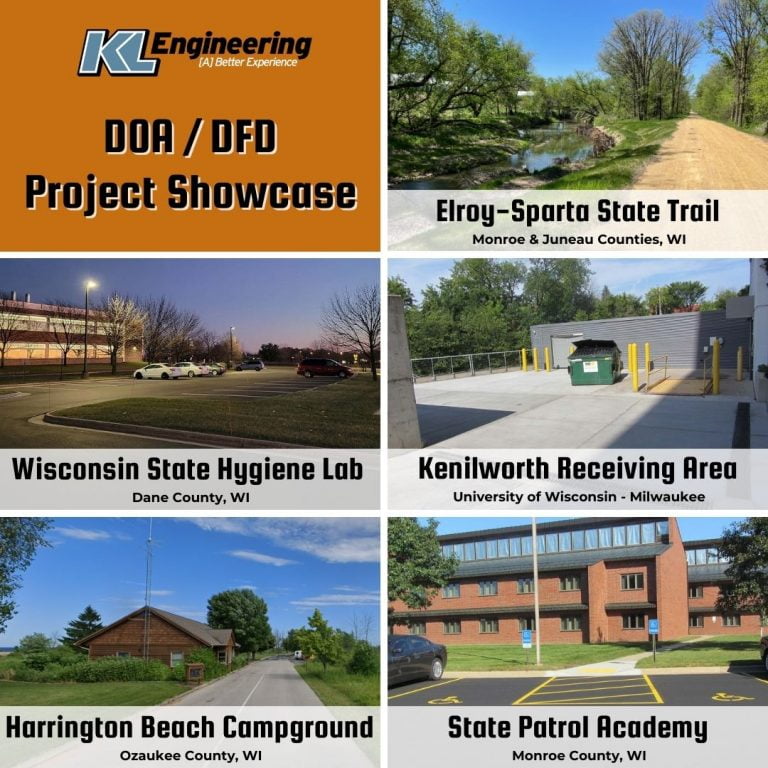 Graphic with photos from site development projects completed by KL for DOA / DFD in a variety of categories across the state.