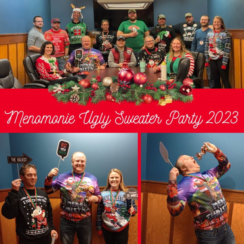Photos of the group with their ugly sweaters and the 3 winners, as well as the grand prize winner striking a pose.