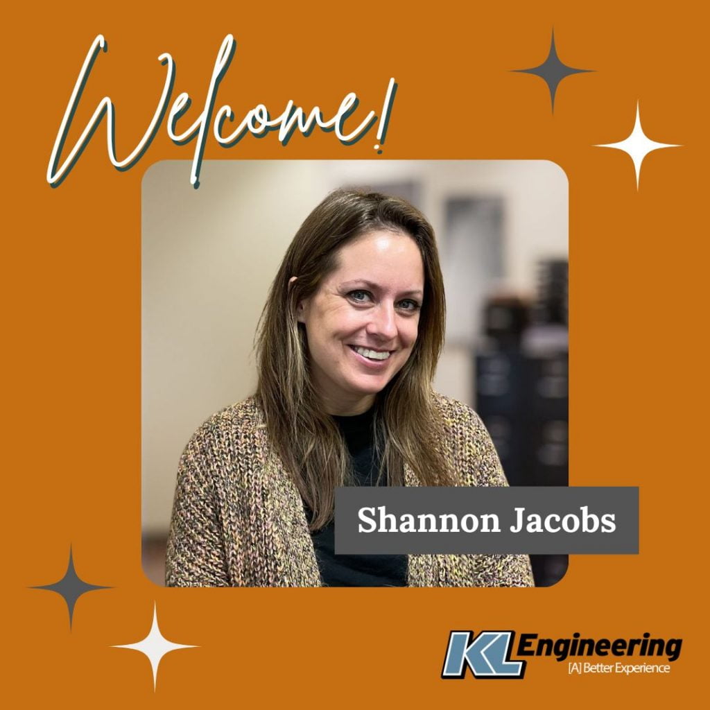 Photo of Shannon with KL logo, Welcome text, and star design on orange background.