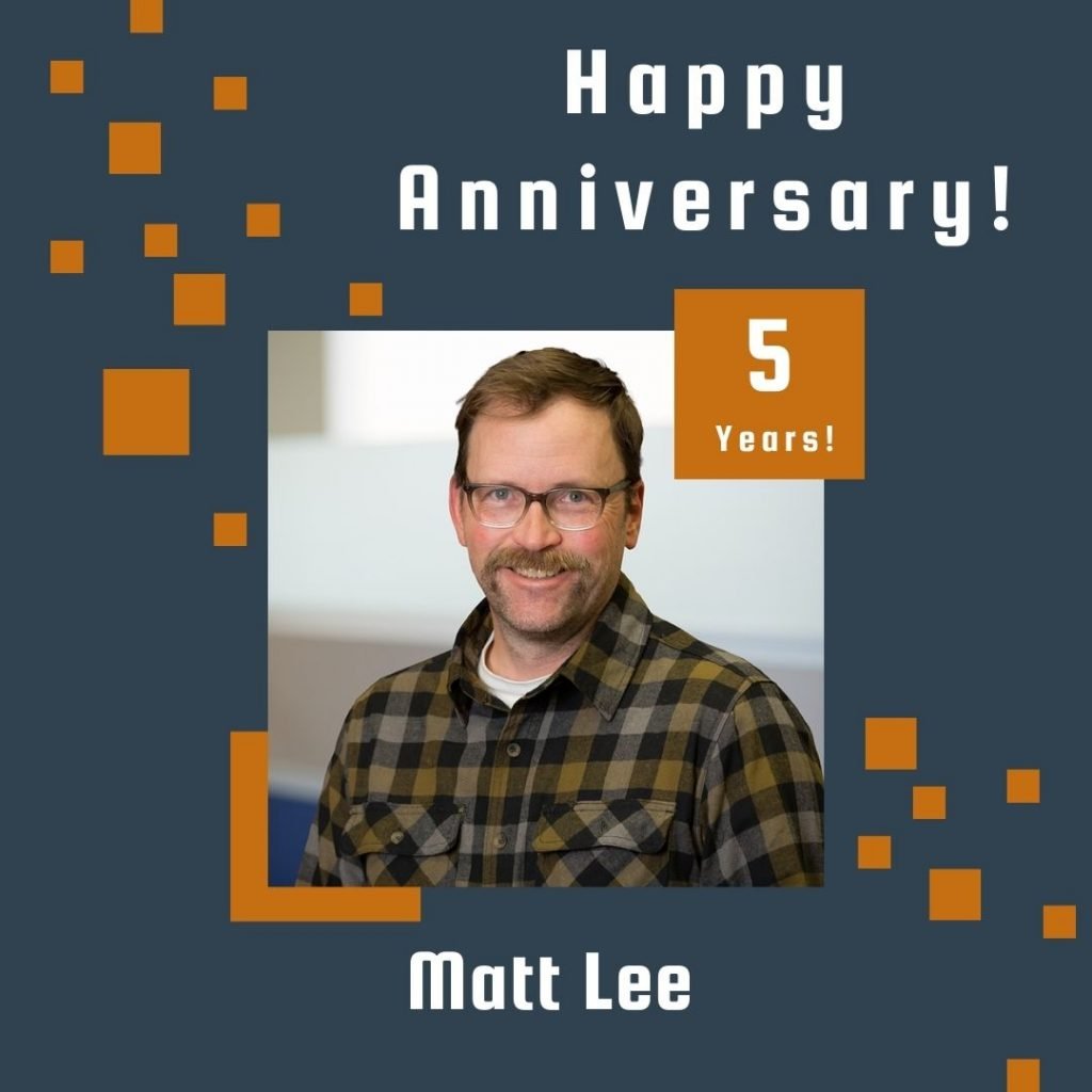 Photo of employee framed by a navy background with orange scattered boxes and Happy Anniversary text.