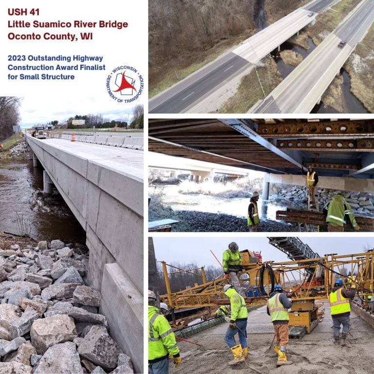 Photo collage of the in progress and finished project along with project and award title and WisDOT logo.