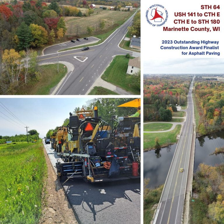 Photo collage of the in progress and finished project along with project and award title and WisDOT logo.