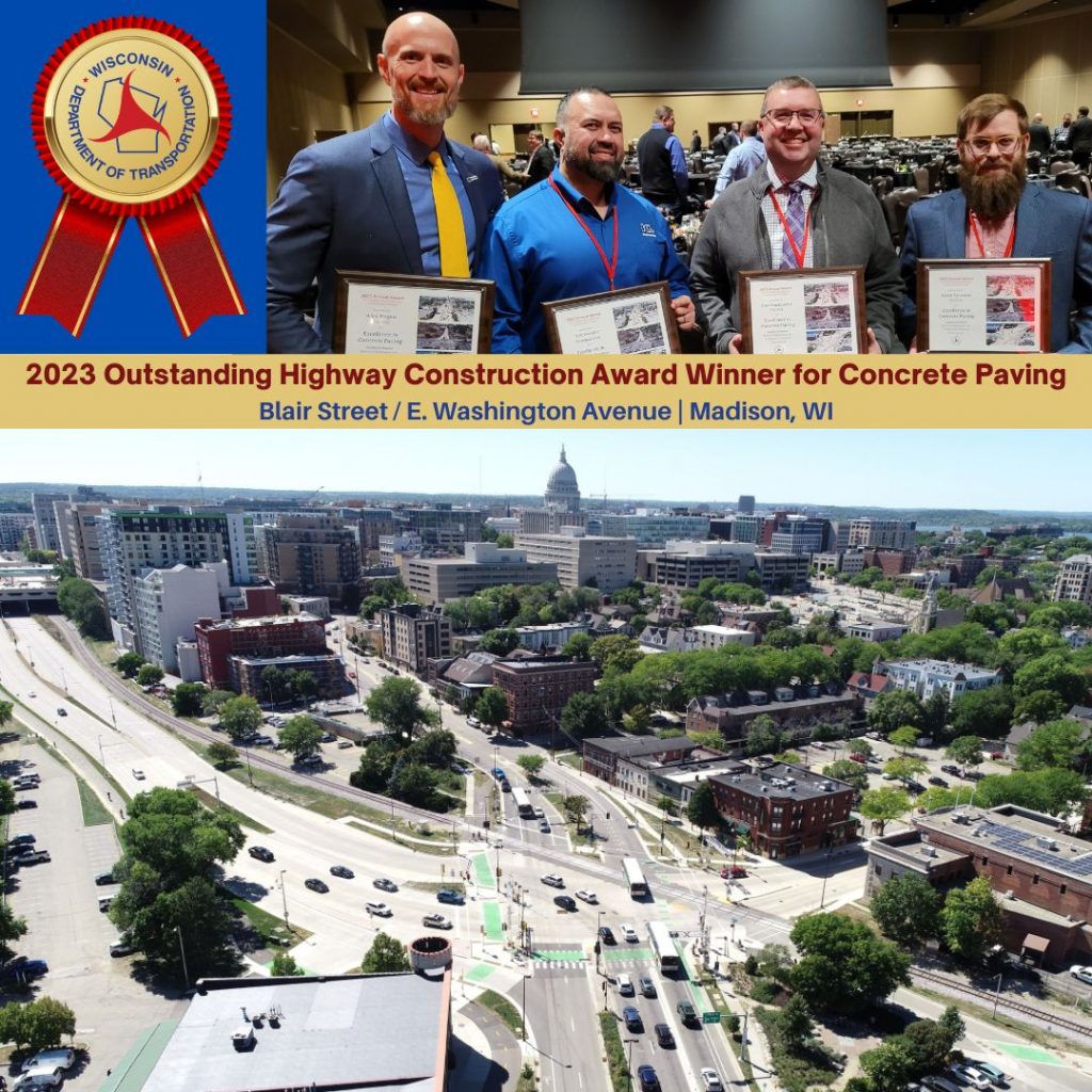 Photo of Team accepting award and project photo of newly constructed street with the Madison Capitol in the background.