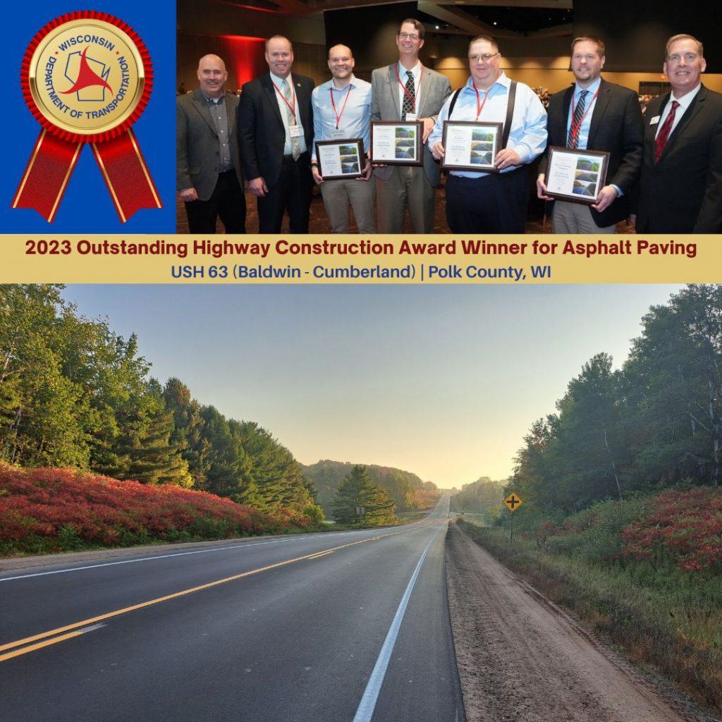 Photo collage of the in progress and finished project along with project and award title and WisDOT logo.