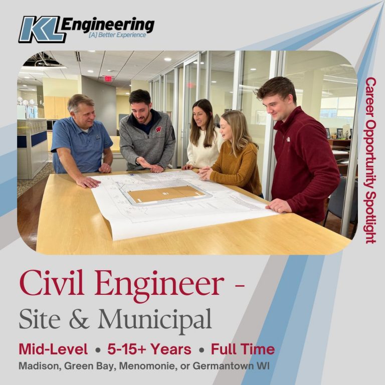 Five staff in a standing meeting in discussion, looking at plans on a table. KL logo, position title and key details in post on gray background with blue and gray spotlight streaks.