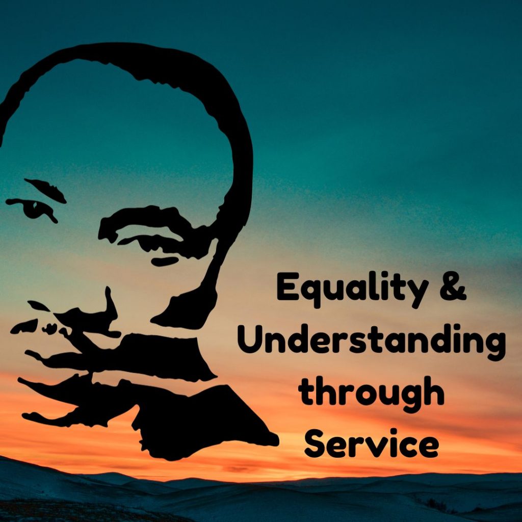 Photo of a mountain range at sunset and silhouette of Dr. Martin Luther King Jr. overlayed with 'equality and understanding through service' in black text.
