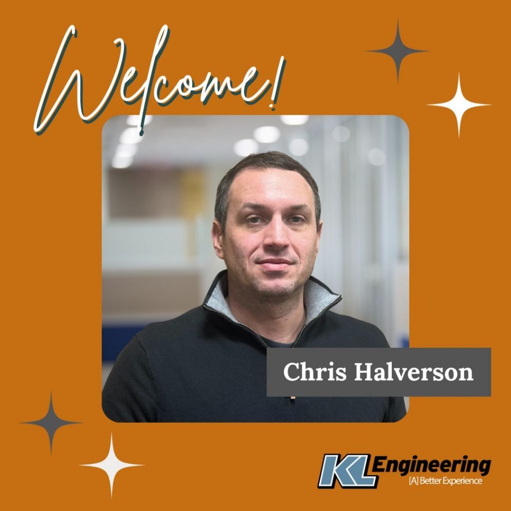 Photo of Chris with KL logo, Welcome text, and star design on orange background.