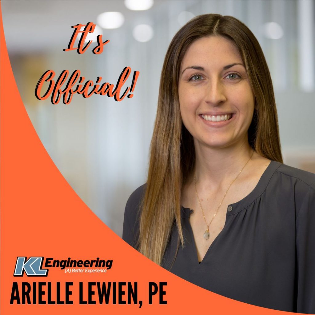 Headshot of Arielle Lewien with "It’s Official!", her name and PE credentials, and the KL logo.