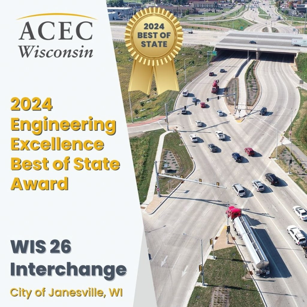 Image of the DDI from the project, a multi-lane road that crosses over itself, with ACEC logo, and award details.