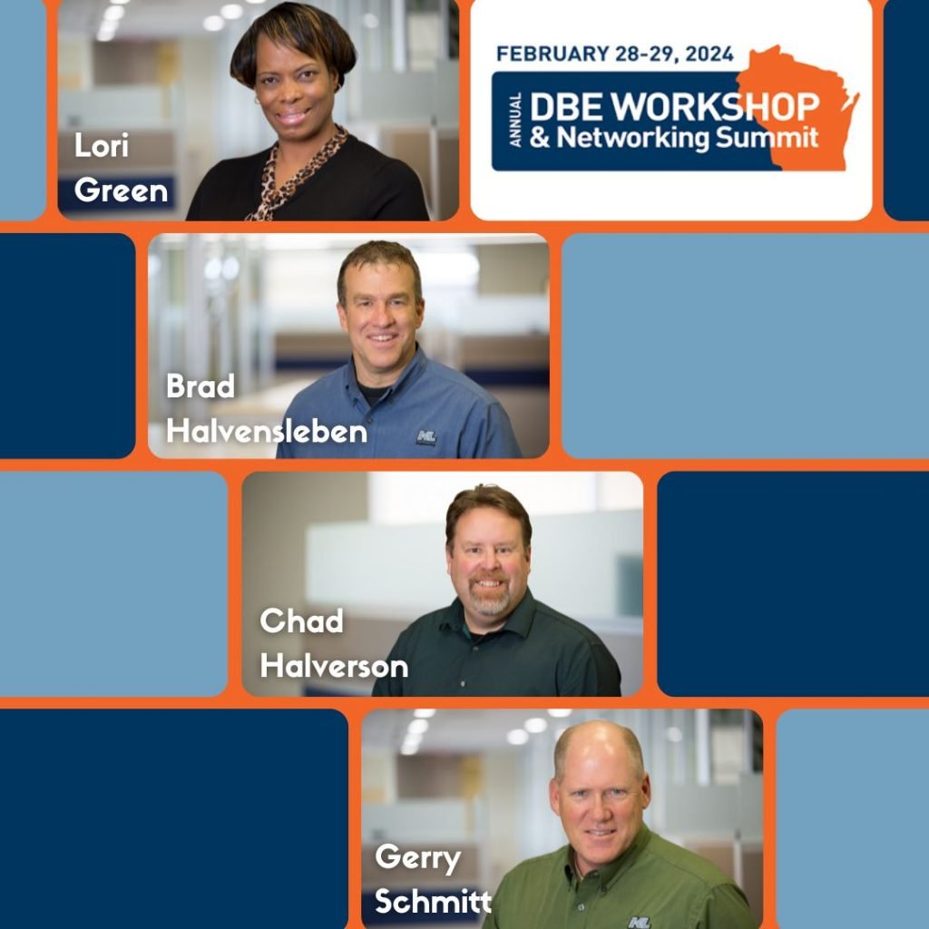 Series of rounded rectangles in blues on orange background, featuring the 4 KL employees' photos and labeled with their names and conference logo.