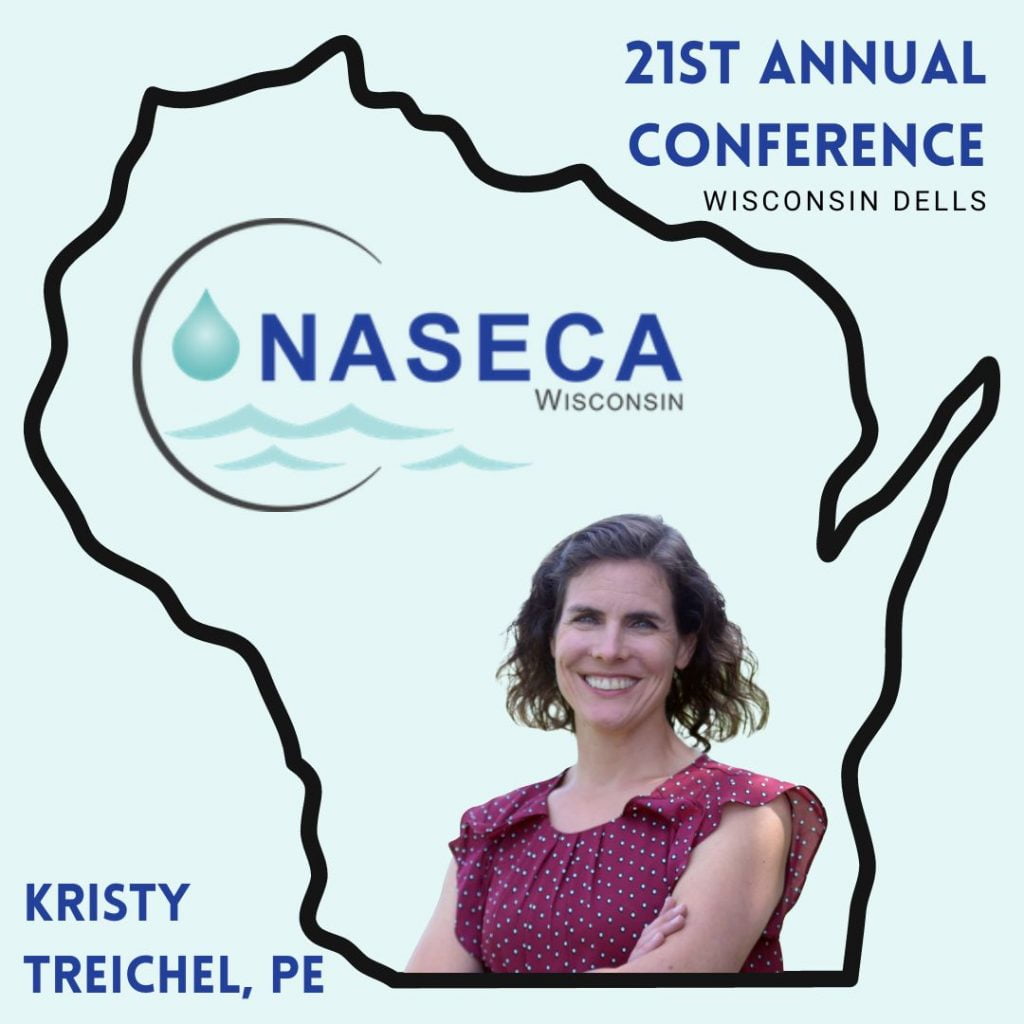 Wisconsin state outline with NASECA logo inside and photo of Kristy Treichel along with conference details on pale blue background.