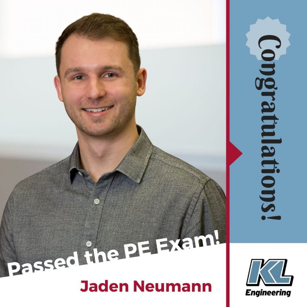 Headshot of Jaden Neumann with "Congratulations", his name, 'Passed the PE Exam' text, and the KL logo.