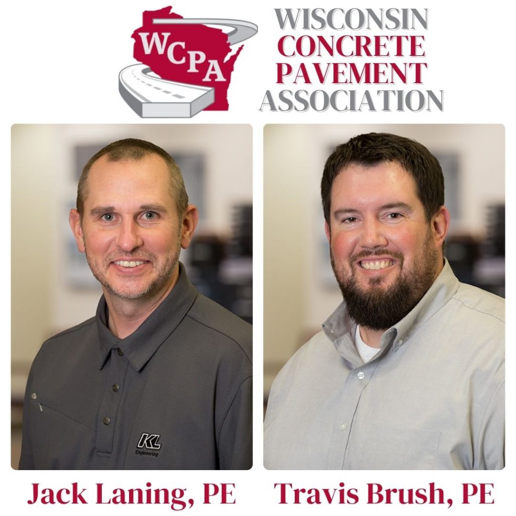 Photos of Jack Laning and Travis Brush with the WCPA logo and Wisconsin Concrete Pavement Association title in red and gray.