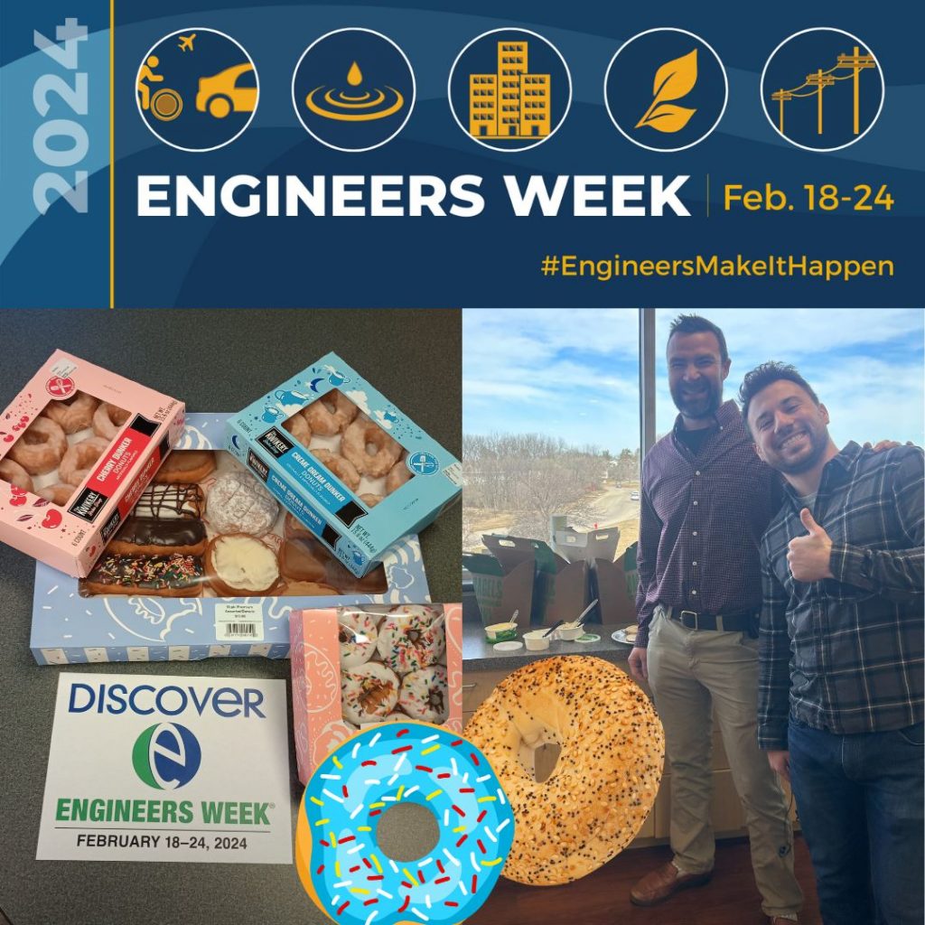 Photos of donuts and staff with bagels giving a thumbs up with a 2024 Engineers Week banner at top.