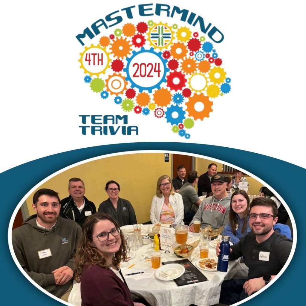 Group photo displayed in oval with blue and white borders around it and Mastermind Team Trivia logo at top, which is a brain shape made out of colorful gears.