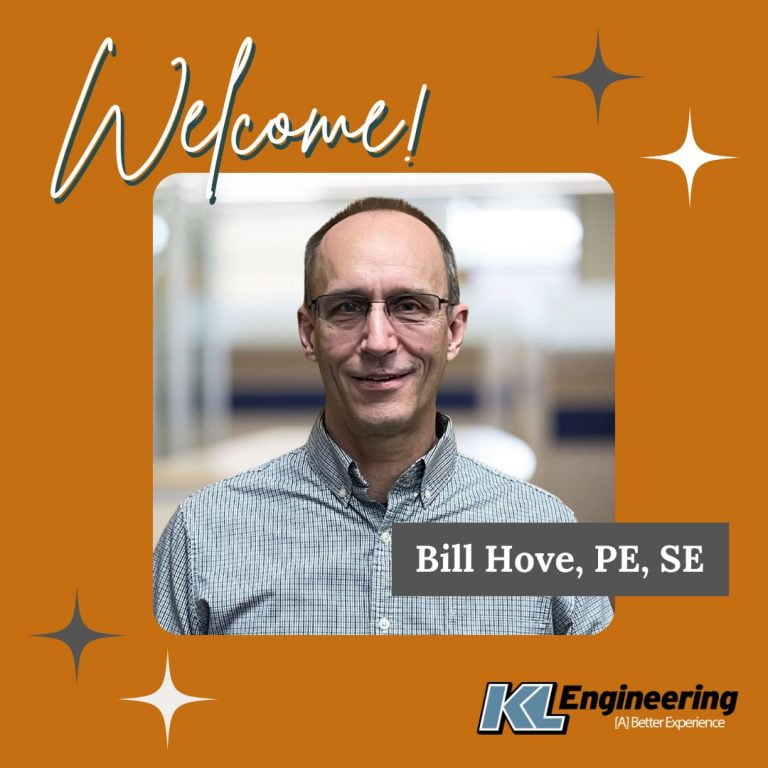Photo of Bill with KL logo, Welcome text, and star design on orange background.