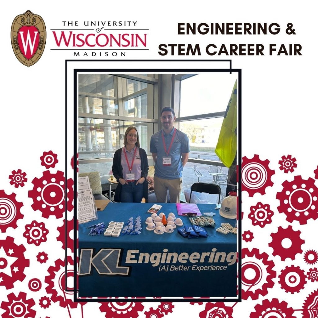 Red gears in background with UW-Madison logo and photo of Natalie and Arman at our career fair booth.