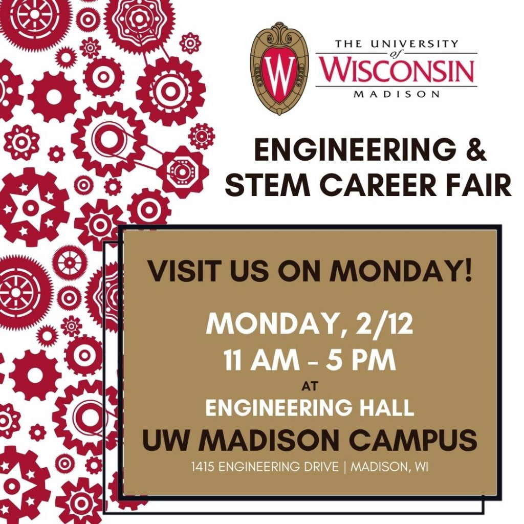 Red gears in background with UW-Madison logo and details shared in the post about the Career Fair time and location.