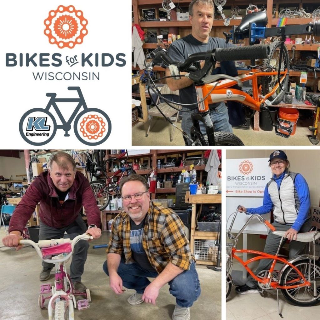 Photos of our 4 staff named in the post, working on and posing with bikes they repaired, with Bikes for Kids logo and a bike graphic with wheels that have the KL logo in one and the Bikes for Kids logo in the other.