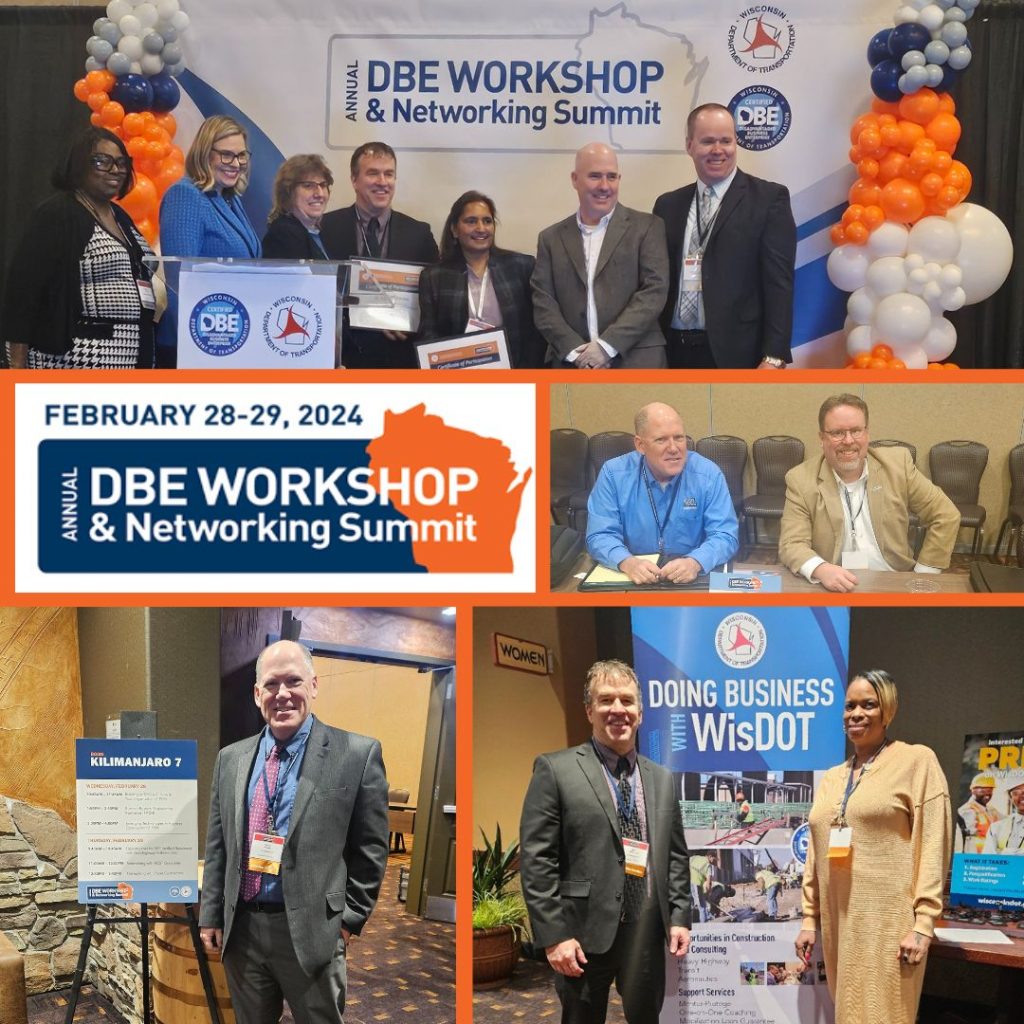 KL Engineering was recognized by WisDOT as a Mentor, along with Protégé DBE firm M-Squared, at the 2024 Annual DBE Workshop & Networking Summit this week. Brad Halvensleben accepted the certificate on KL's behalf. Lori Green and Gerry Schmitt moderated several workshop sessions. Chad Halverson and Gerry participated in the networking event, meeting with WisDOT consultants.