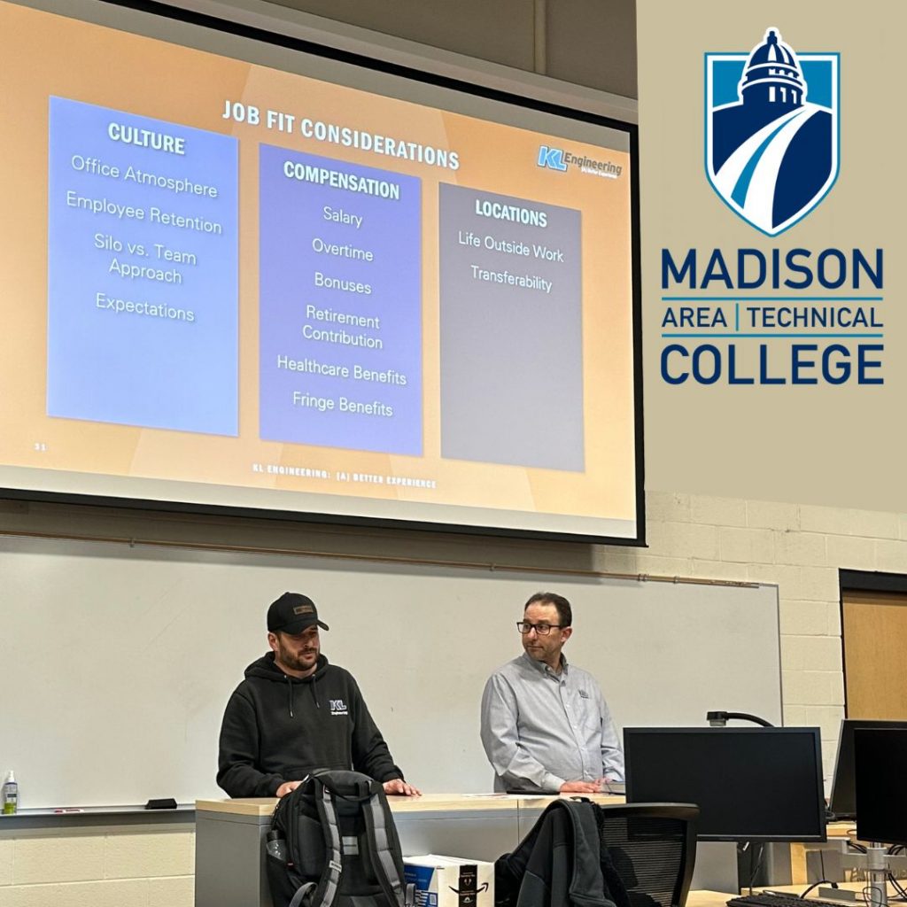 Photo of Andrew Lobdell and Josh Wilber presenting to the class with PowerPoint slide of Job Considerations on the screen and Madison Area Technical College logo superimposed on the right.