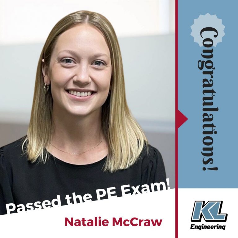Headshot of Natalie McCraw with "Congratulations", her name, 'Passed the PE Exam' text, and the KL logo.