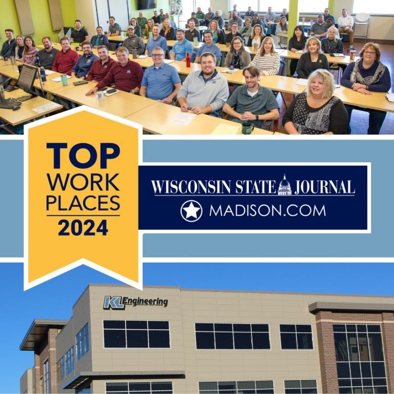 Graphic with photo of KL Engineering employees at the top, a blue strip in the center with the Top Workplaces Award logo in the middle, and a photo of the exterior Madison office on the bottom showing the KL exterior sign.