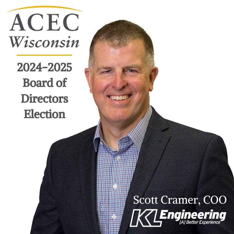 Photo of Scott Cramer on white background with ACEC logo, Board of Directors Election, his name, title, and KL logo.