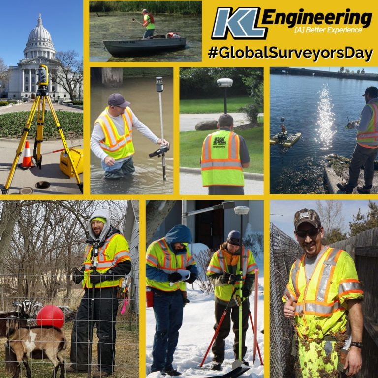 Photo collage of our survey team doing their work on land, on the water using various types of boats, in a pin with goats, etc. on yellow background with KL Engineering logo and Global Surveyors Day title.