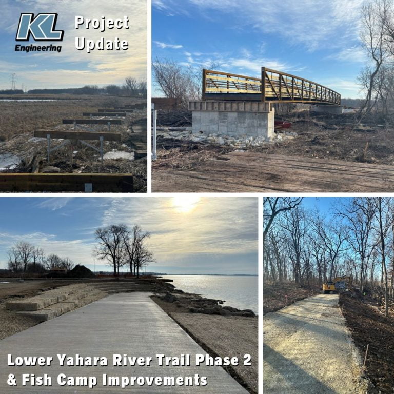 Photo collage of scenes from the project as described in the post - graded trail, newly poured ramp to lake, pedestrian bridge installed, and supports for the new boardwalk that is coming soon.