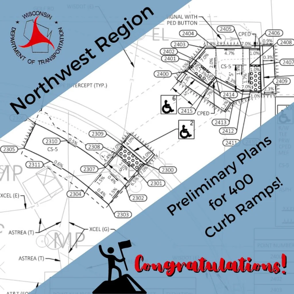 Graphic showing the details of the new curb ramp plans along with WisDOT logo, 'Northwest Region Preliminary Plans for 400 Curb Ramps', and 'Congratulations!' text with a little icon of a person at the top of a mountain celebrating.
