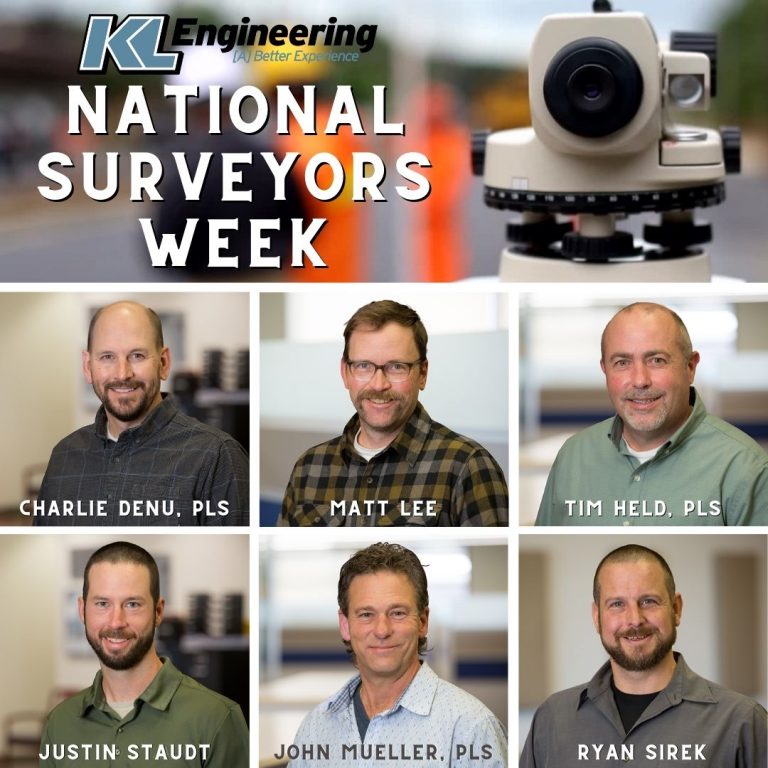 Graphic of survey equipment and 'National Surveyors Week' at top with KL logo and photos of the gentlemen mentioned in the post, labeled with their names.